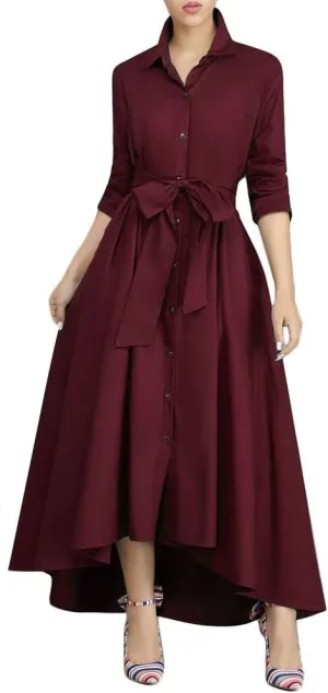 VERWIN Women Long Sleeve Loose Elegant Maxi Dress Button Down Up Shirt Long Dress with Pockets and Belts