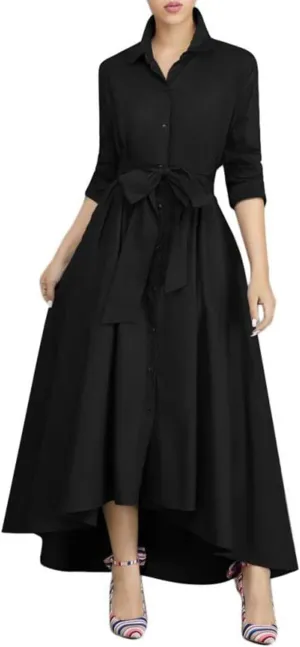 VERWIN Women Long Sleeve Loose Elegant Maxi Dress Button Down Up Shirt Long Dress with Pockets and Belts