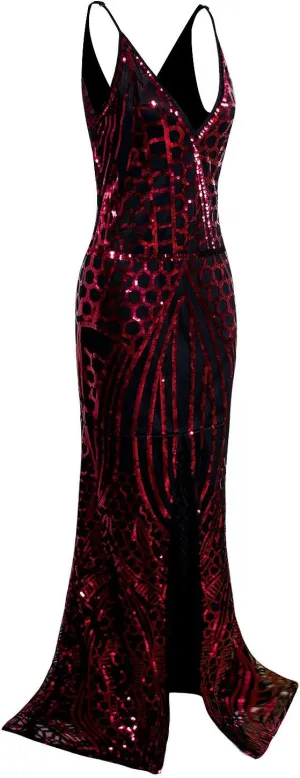 Vijiv 1920s Long Slit Prom Dresses Deep V Neck Sequin Mermaid Bridesmaid Evening Dress