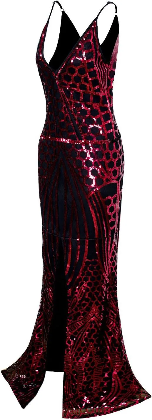Vijiv 1920s Long Slit Prom Dresses Deep V Neck Sequin Mermaid Bridesmaid Evening Dress