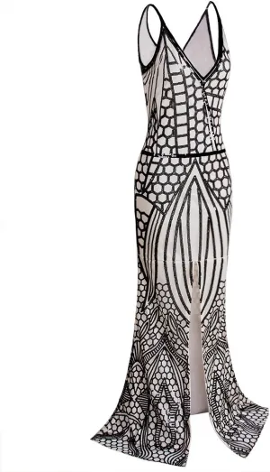 Vijiv 1920s Long Slit Prom Dresses Deep V Neck Sequin Mermaid Bridesmaid Evening Dress