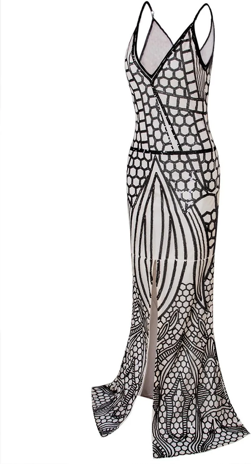 Vijiv 1920s Long Slit Prom Dresses Deep V Neck Sequin Mermaid Bridesmaid Evening Dress