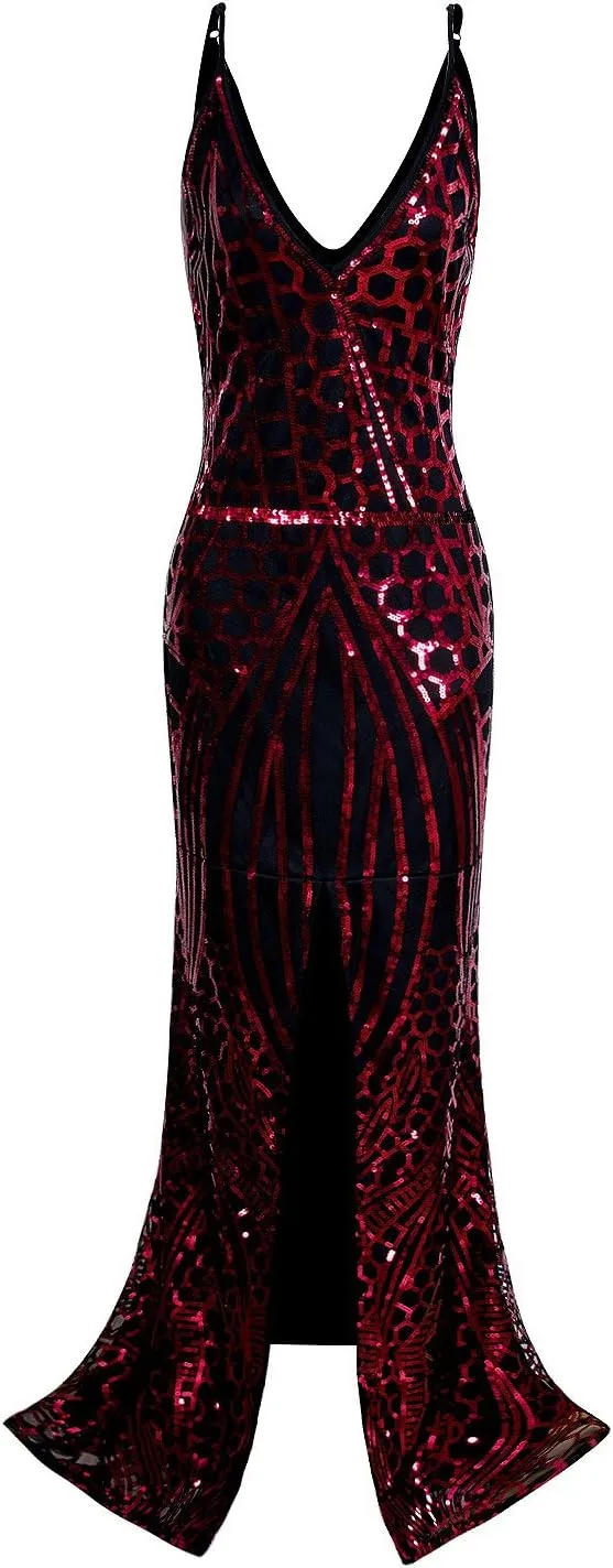 Vijiv 1920s Long Slit Prom Dresses Deep V Neck Sequin Mermaid Bridesmaid Evening Dress
