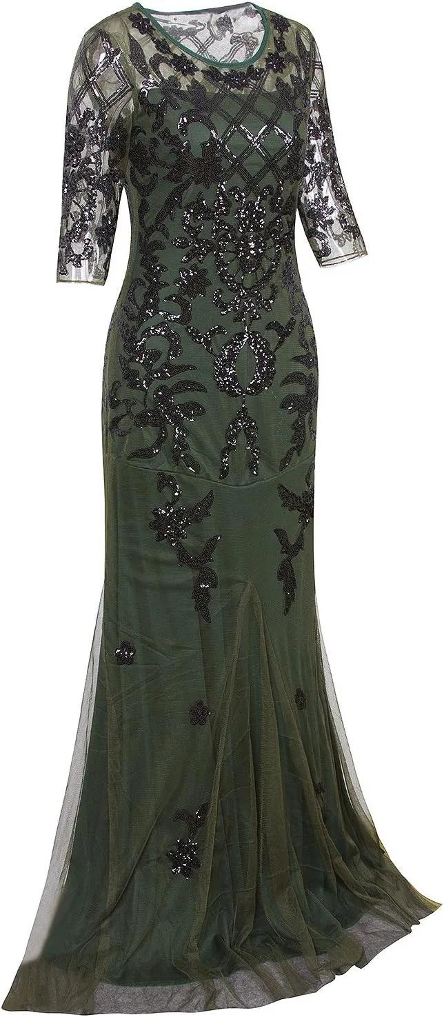 Vijiv Vintage 1920s Long Wedding Prom Dresses 2/3 Sleeve Sequin Party Evening Gown