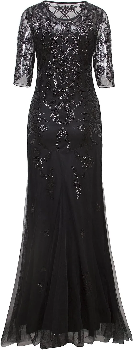 Vijiv Vintage 1920s Long Wedding Prom Dresses 2/3 Sleeve Sequin Party Evening Gown