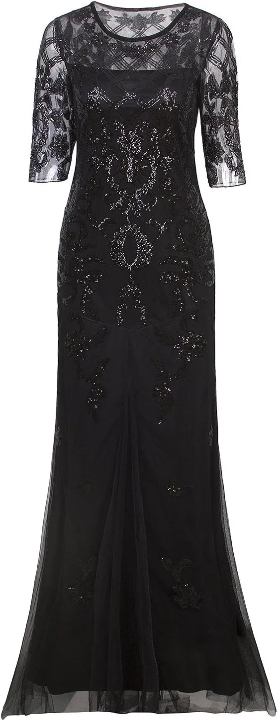 Vijiv Vintage 1920s Long Wedding Prom Dresses 2/3 Sleeve Sequin Party Evening Gown