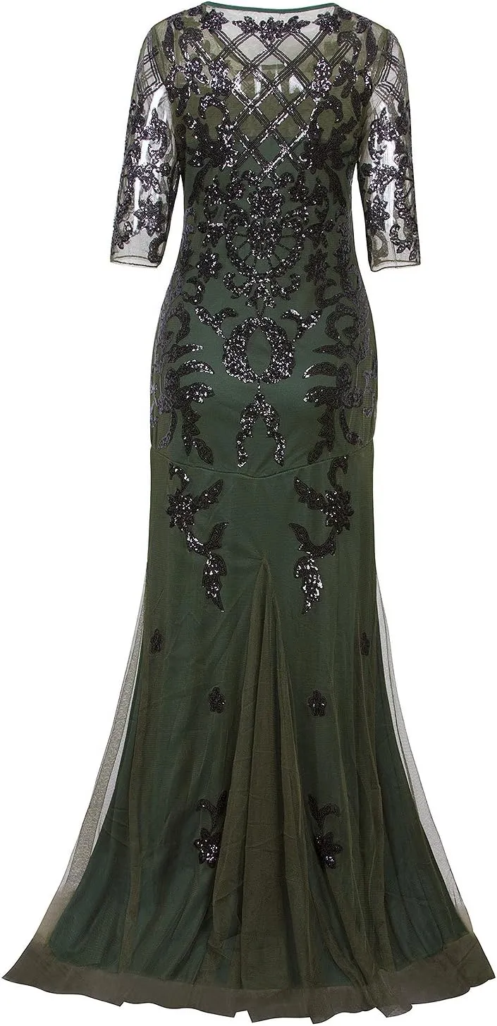 Vijiv Vintage 1920s Long Wedding Prom Dresses 2/3 Sleeve Sequin Party Evening Gown