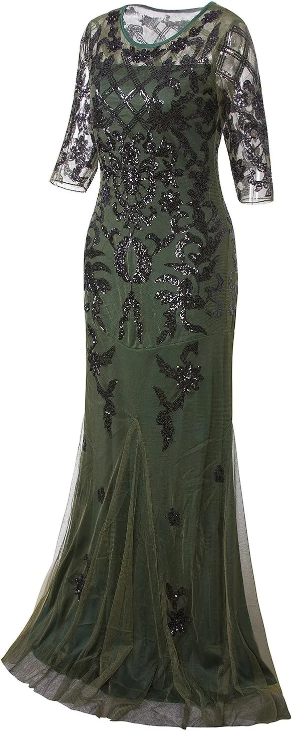 Vijiv Vintage 1920s Long Wedding Prom Dresses 2/3 Sleeve Sequin Party Evening Gown