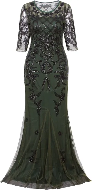 Vijiv Vintage 1920s Long Wedding Prom Dresses 2/3 Sleeve Sequin Party Evening Gown