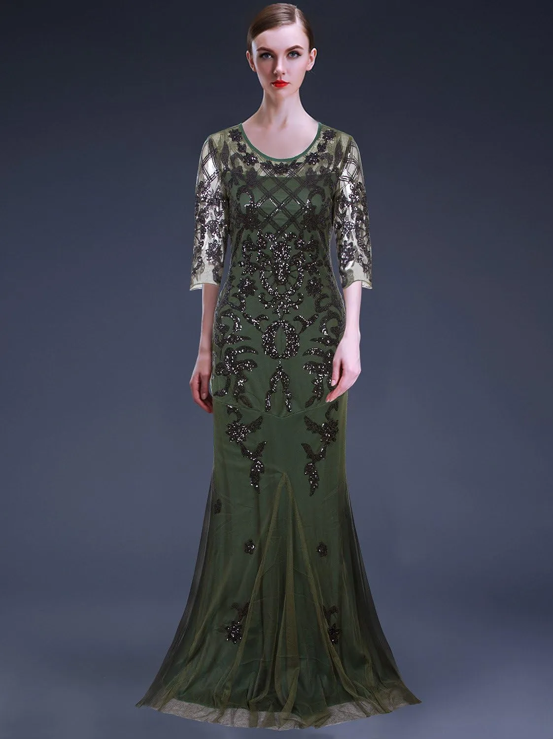 Vijiv Vintage 1920s Long Wedding Prom Dresses 2/3 Sleeve Sequin Party Evening Gown