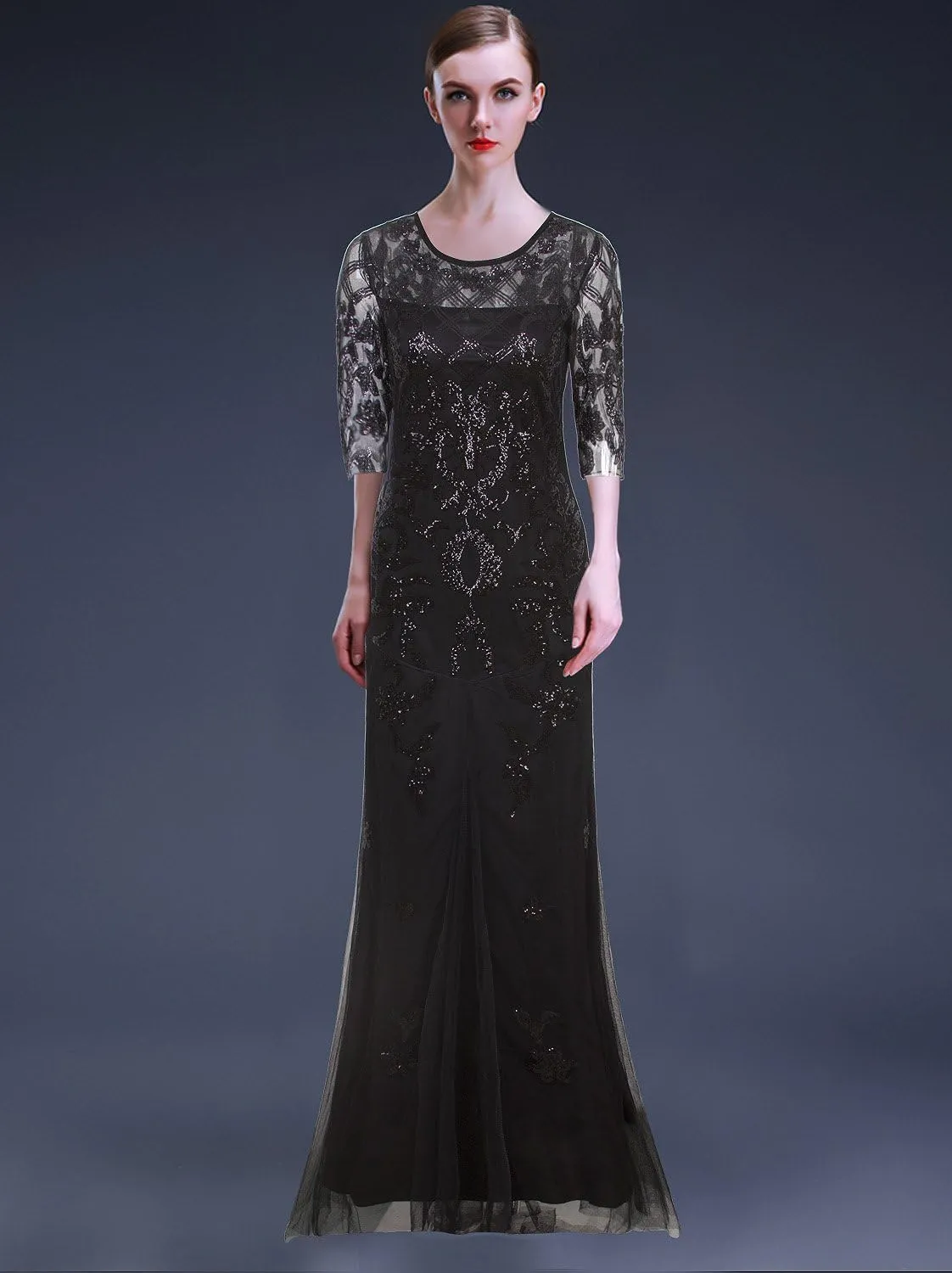 Vijiv Vintage 1920s Long Wedding Prom Dresses 2/3 Sleeve Sequin Party Evening Gown