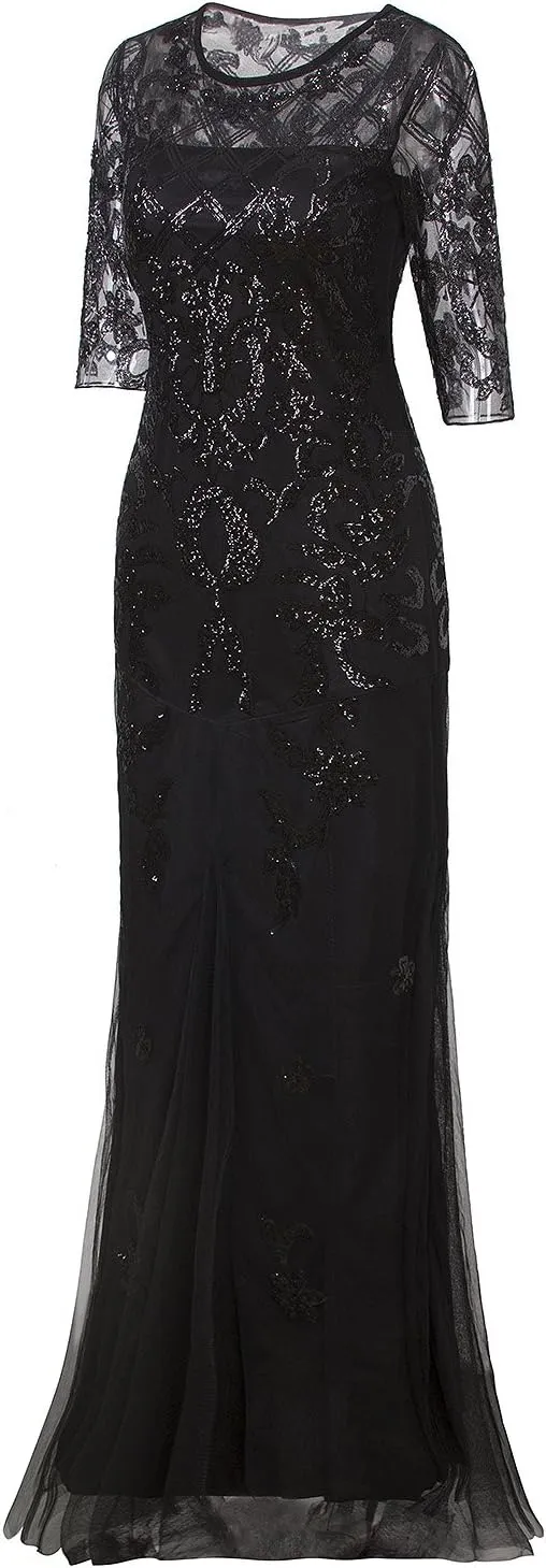 Vijiv Vintage 1920s Long Wedding Prom Dresses 2/3 Sleeve Sequin Party Evening Gown