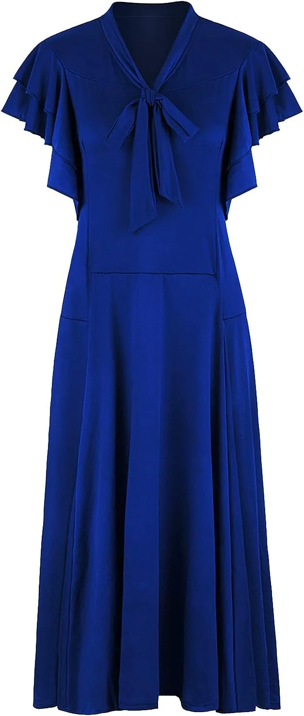 Vijiv Women's Vintage 1920s V Neck Long Bias Cut Sleeveless with Flutter Sleeves Bowknot Flapper Dress