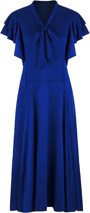 Vijiv Women's Vintage 1920s V Neck Long Bias Cut Sleeveless with Flutter Sleeves Bowknot Flapper Dress