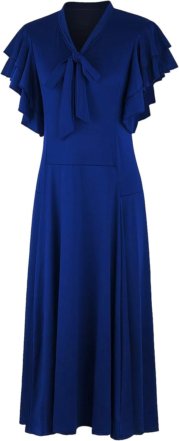 Vijiv Women's Vintage 1920s V Neck Long Bias Cut Sleeveless with Flutter Sleeves Bowknot Flapper Dress