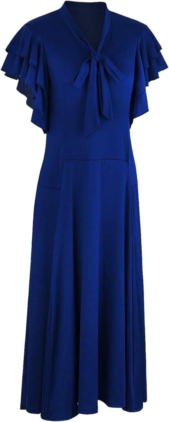 Vijiv Women's Vintage 1920s V Neck Long Bias Cut Sleeveless with Flutter Sleeves Bowknot Flapper Dress