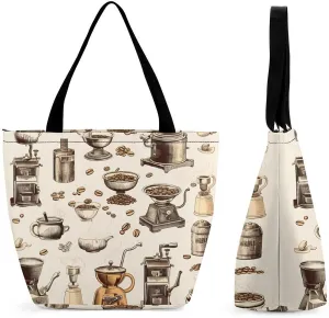 Vintage Coffee Grinding Machine Cup Womens Tote Bag Purse with Zippered Shoulder Handbags For Work