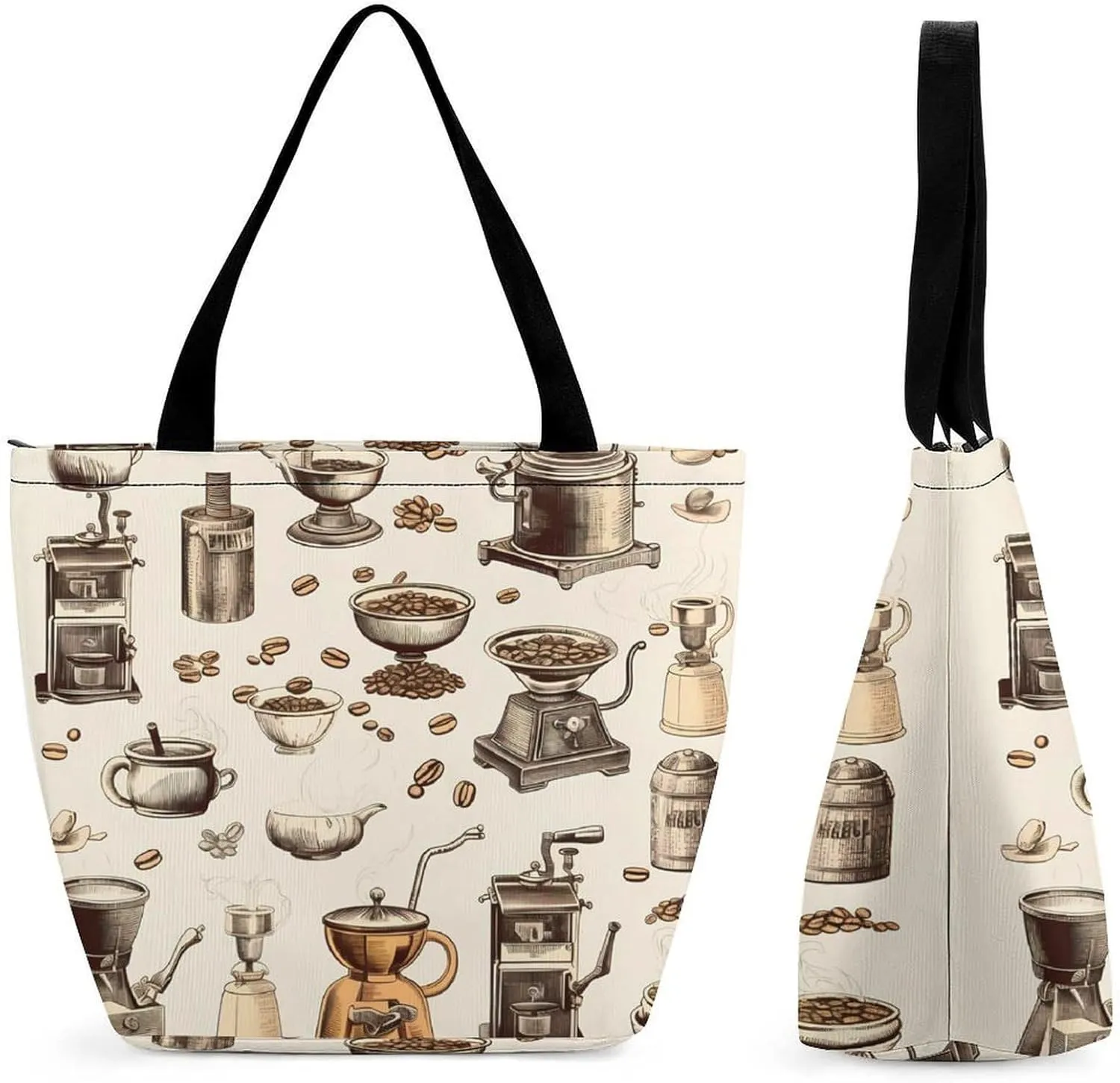 Vintage Coffee Grinding Machine Cup Womens Tote Bag Purse with Zippered Shoulder Handbags For Work