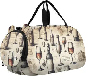 Vintage Newspaper Wine Glasses Duffle Bag for Girl, Sports Duffle Gym Bags with Shoe Compartment, Personalized Overnight Bag Travel Weekender for Kids