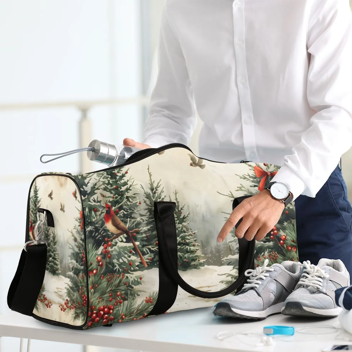 Vintage Pine Trees Travel Duffle Bag for Women Men Gym Duffel Foldable Bag Waterproof Weekender Holly Leave berries Duffle Tote