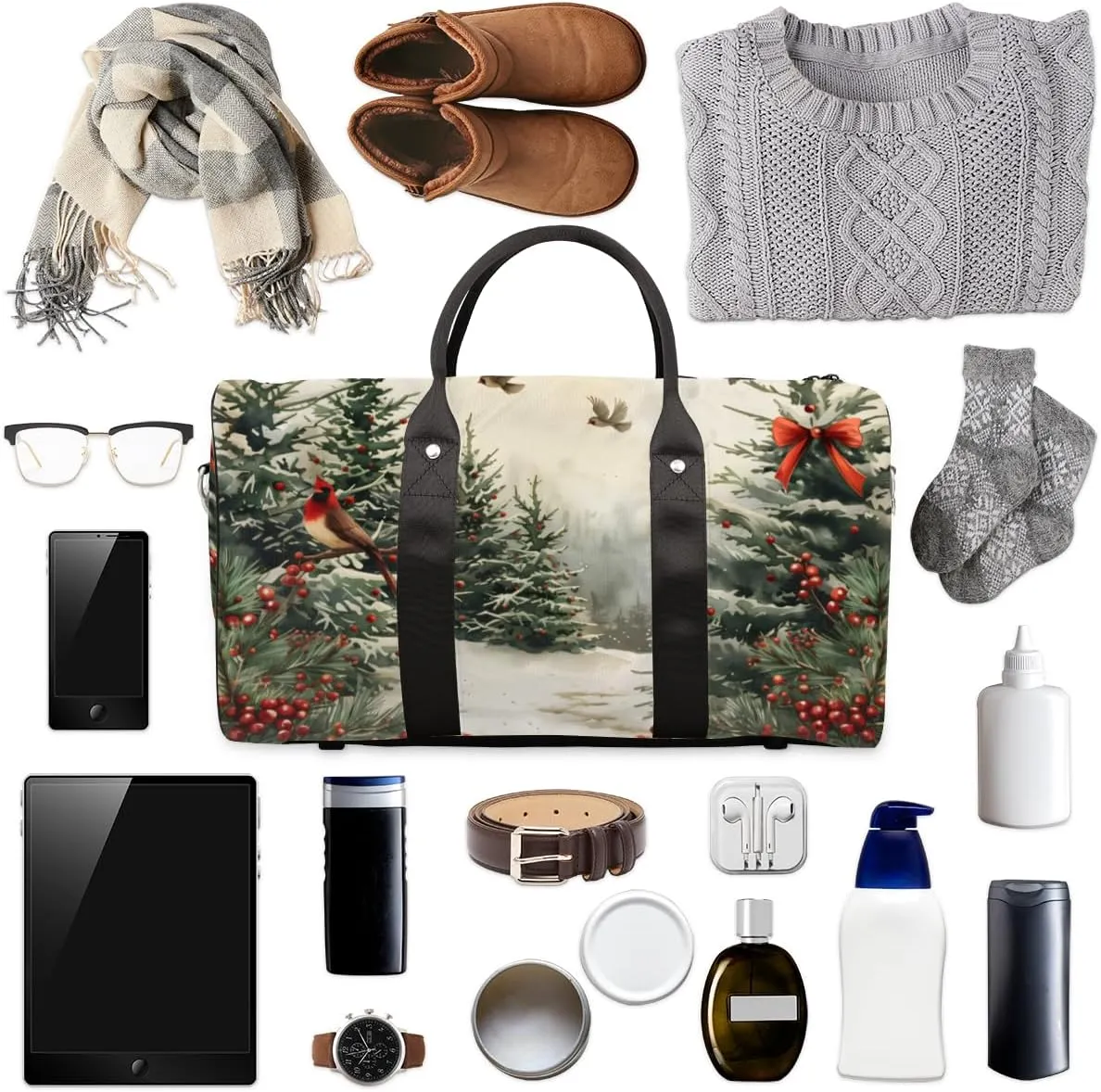 Vintage Pine Trees Travel Duffle Bag for Women Men Gym Duffel Foldable Bag Waterproof Weekender Holly Leave berries Duffle Tote