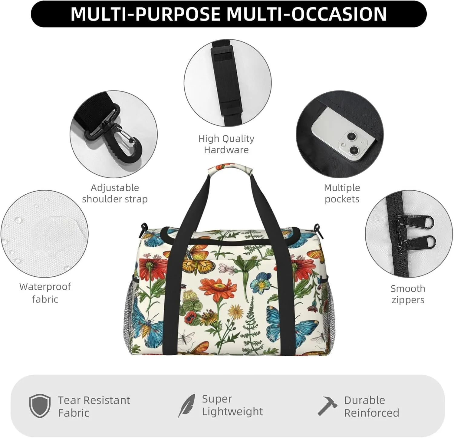 Vintage Plants Insect Duffle Bag Foldable Travel Tote Bag Carry On Large Weekender Overnight Bags Waterproof Gym Bag For Women Men