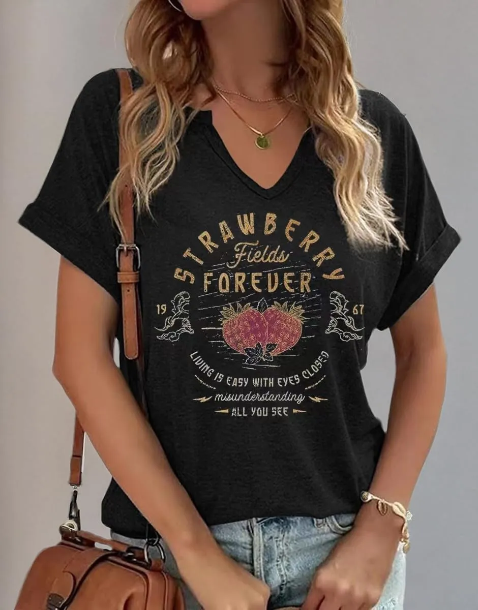 Vintage Rock Band T Shirt for Women Fashion Musical Tees Casual Sexy Notched V-Neck T Shirts Country Music Short Sleeve Tees…