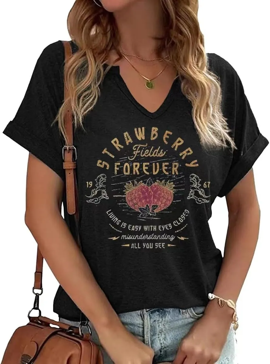 Vintage Rock Band T Shirt for Women Fashion Musical Tees Casual Sexy Notched V-Neck T Shirts Country Music Short Sleeve Tees…