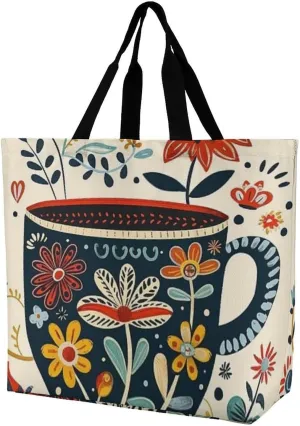 Vintage Teacup Bird Tote Bag for Women, Large Capacity Shoulder Bag, Lightweight Utility Grocery Handbag for Shopping, Fashion Leisure Travel Beach Bag Tote Purse for Work Gym