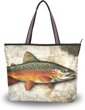 Vintage Trout Closeup Tote Bag for Women Durable Designer Handbag with Zipper for Daily Use L