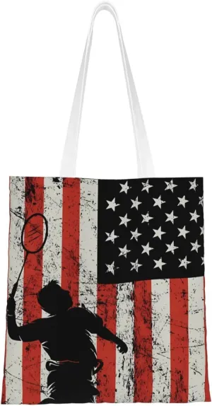 Vintage USA Flag Badminton Player Canvas Tote Bag for Women Reusable Grocery Shoulder Bags Shopping Handbags