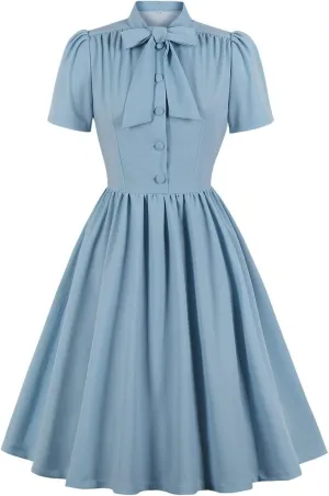 Vintage Women 1940s Bow Tie Neck Dress Retro 40s 50s Button Up Business Work A-line Cocktail Dresses