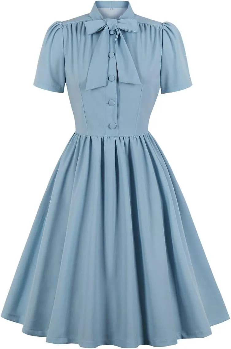 Vintage Women 1940s Bow Tie Neck Dress Retro 40s 50s Button Up Business Work A-line Cocktail Dresses