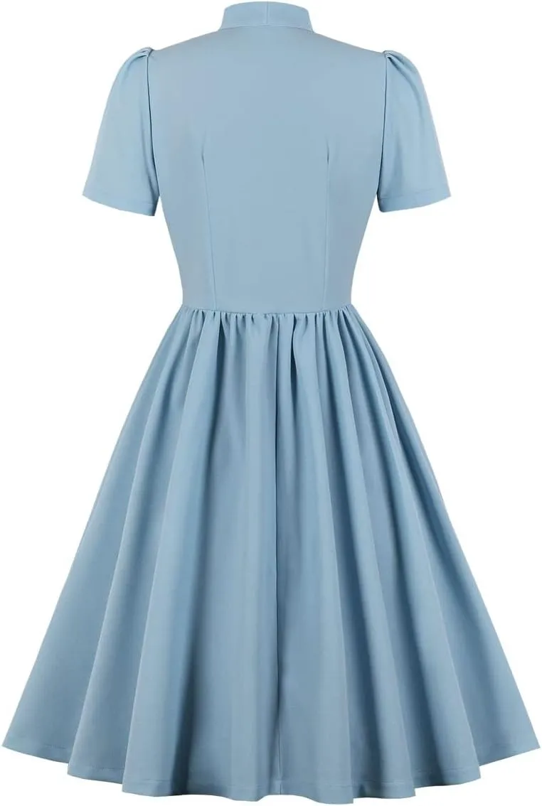 Vintage Women 1940s Bow Tie Neck Dress Retro 40s 50s Button Up Business Work A-line Cocktail Dresses