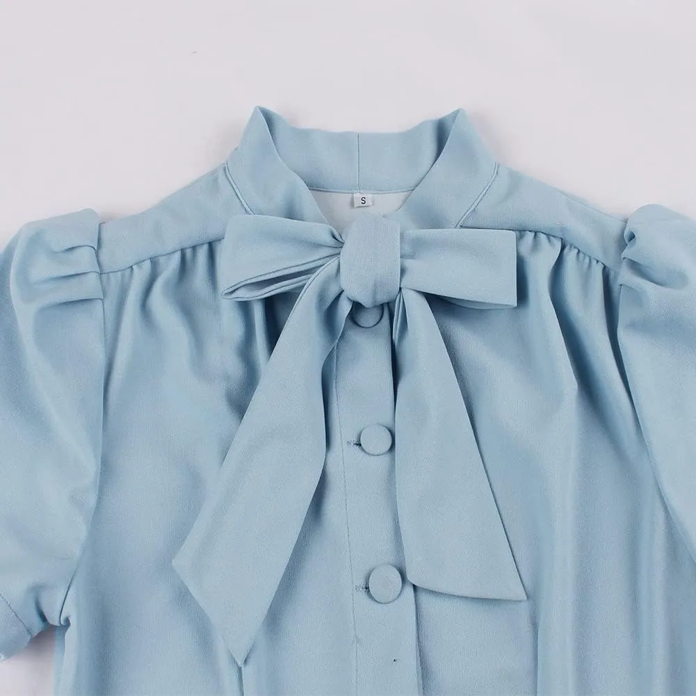 Vintage Women 1940s Bow Tie Neck Dress Retro 40s 50s Button Up Business Work A-line Cocktail Dresses