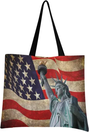 visesunny Vintage Women Extra Large Tote Bag Statue Of Liberty With Flag Shoulder Bags Ladies Beach Travel Reusable Grocery Shopping Portable Storage Handbag