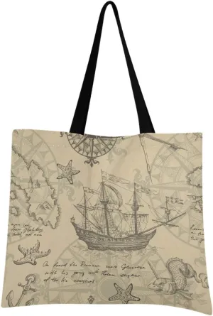 visesunny Women Extra Large Tote Bag Old Map Vintage Sailboat Sea Monster Shoulder Bags Ladies Beach Travel Reusable Grocery Shopping Portable Storage Handbag