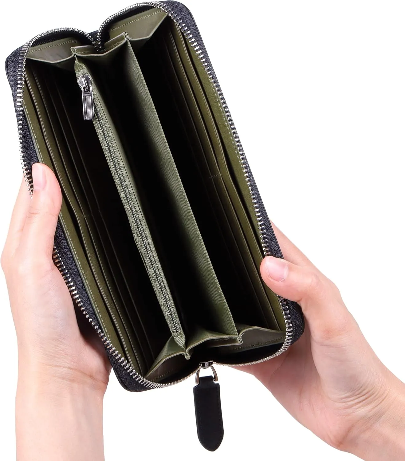 VISOUL Leather Long Zippered Pouch Wallet for Men with RFID Blocking Two-tone, Large Carbon Fiber Leather Clutch Cash Long Wallet with Zipper (Black Olive Green)