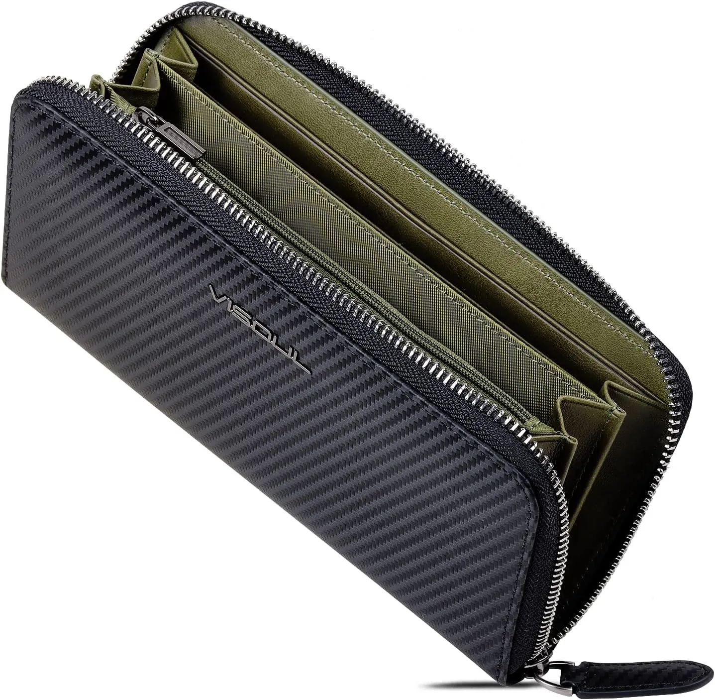VISOUL Leather Long Zippered Pouch Wallet for Men with RFID Blocking Two-tone, Large Carbon Fiber Leather Clutch Cash Long Wallet with Zipper (Black Olive Green)