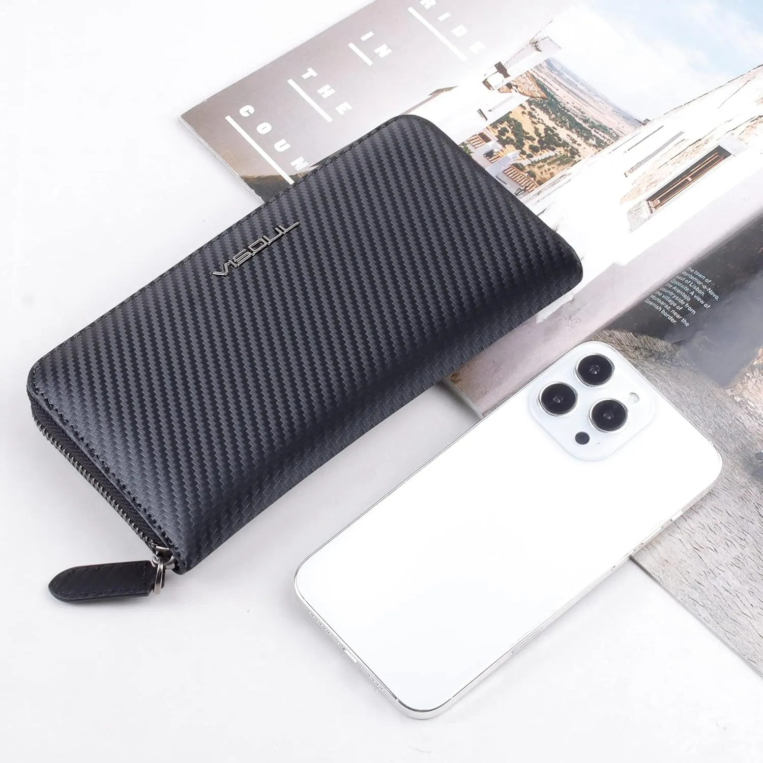 VISOUL Leather Long Zippered Pouch Wallet for Men with RFID Blocking Two-tone, Large Carbon Fiber Leather Clutch Cash Long Wallet with Zipper (Black Olive Green)
