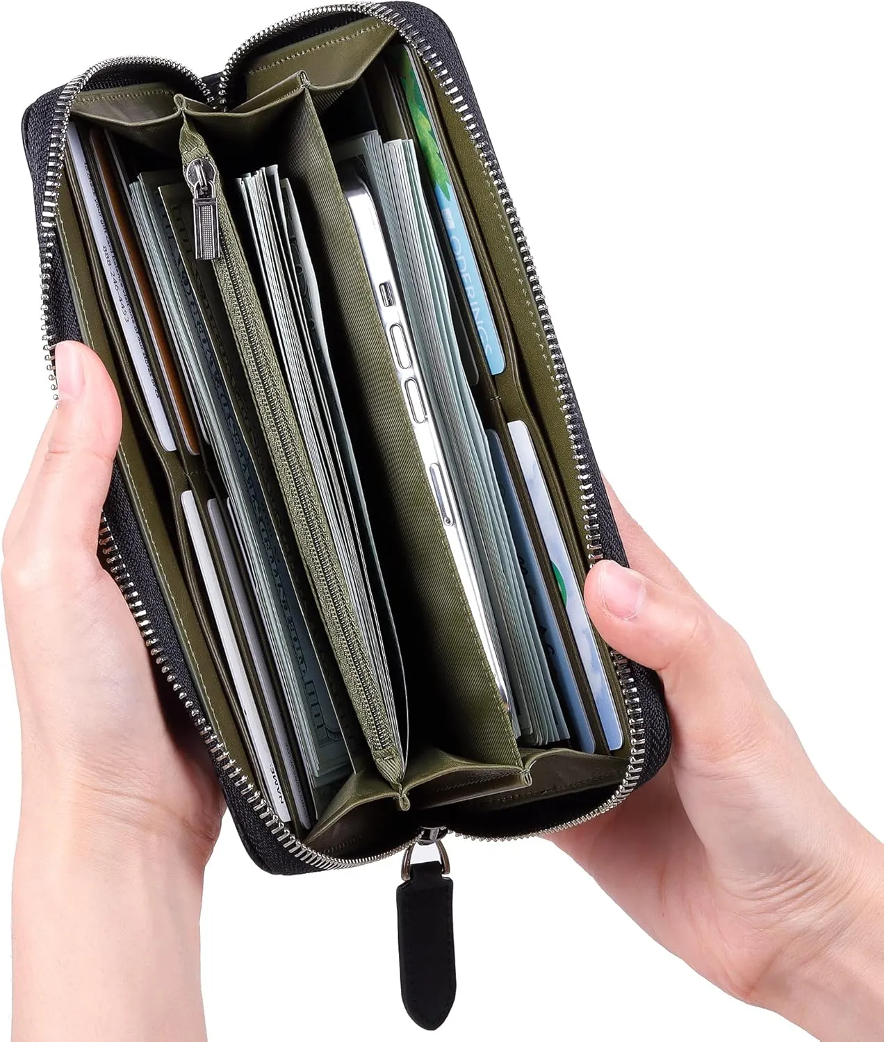 VISOUL Leather Long Zippered Pouch Wallet for Men with RFID Blocking Two-tone, Large Carbon Fiber Leather Clutch Cash Long Wallet with Zipper (Black Olive Green)