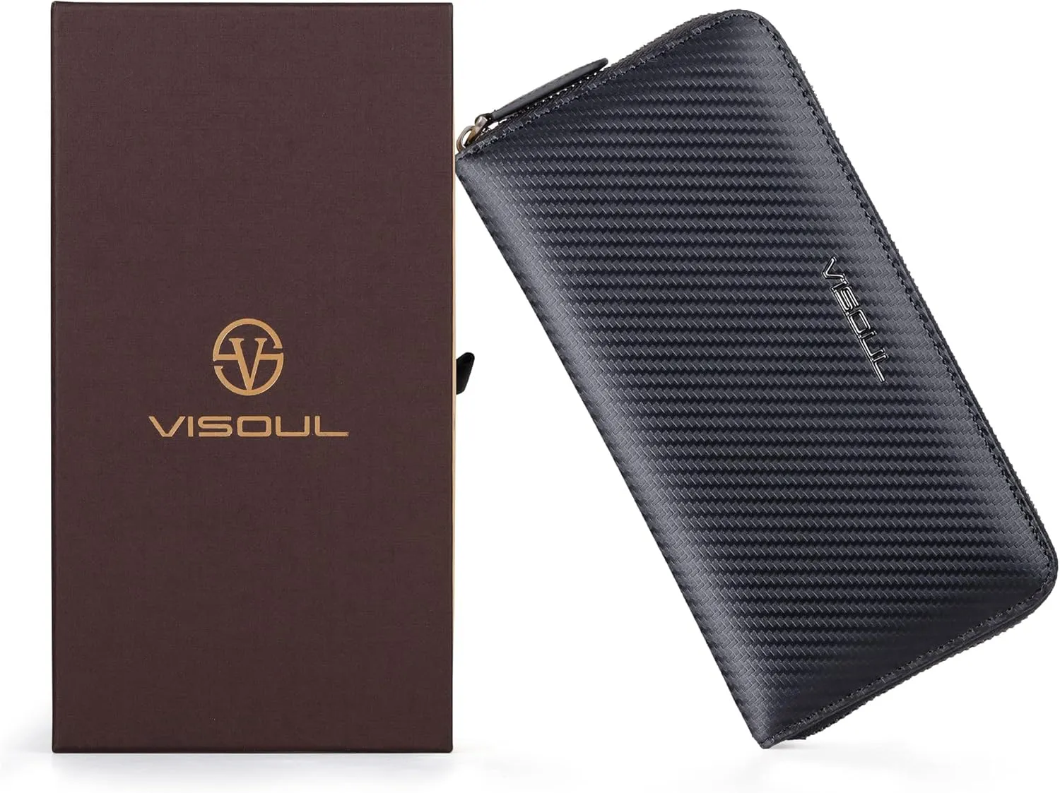 VISOUL Leather Long Zippered Pouch Wallet for Men with RFID Blocking Two-tone, Large Carbon Fiber Leather Clutch Cash Long Wallet with Zipper (Black Olive Green)
