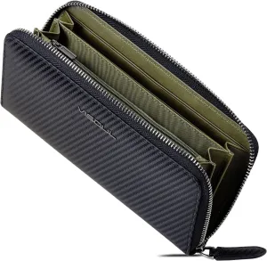 VISOUL Leather Long Zippered Pouch Wallet for Men with RFID Blocking Two-tone, Large Carbon Fiber Leather Clutch Cash Long Wallet with Zipper (Black Olive Green)