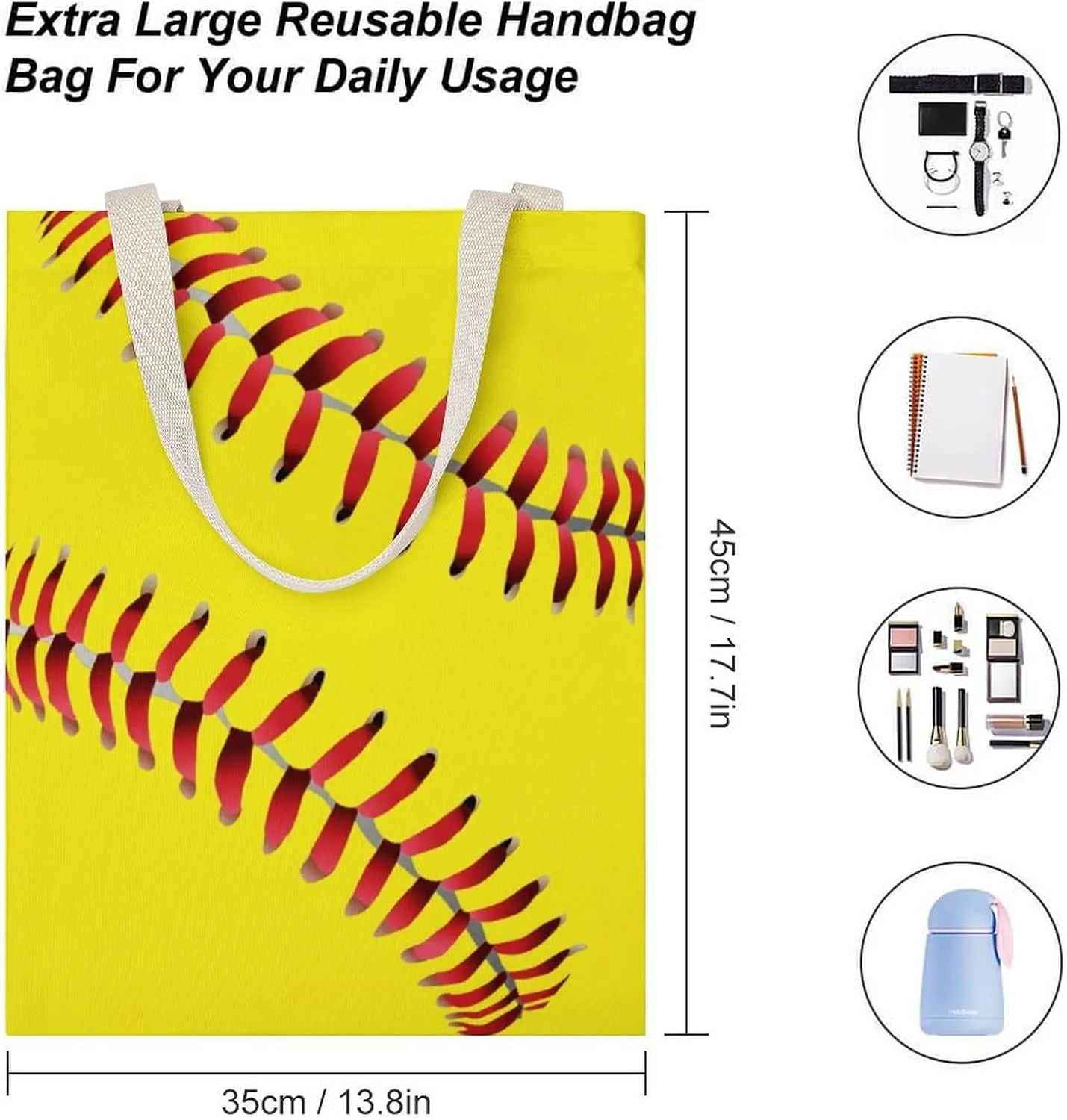 Water Fire Softball Baseball Portable Canvas Tote Bag with Double-sided Printing Unisex