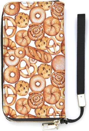 Watercolor Bakery Cookie Donut Women's Leather Long Large Capacity Wallet Clutch Wallet with Hand Strap