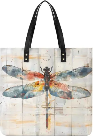 Watercolor Dragonfly Rustic Wood Style Vintage Insect Top Handle Satchel Handbags PU Leather Tote Bags Shoulder Bags for Women