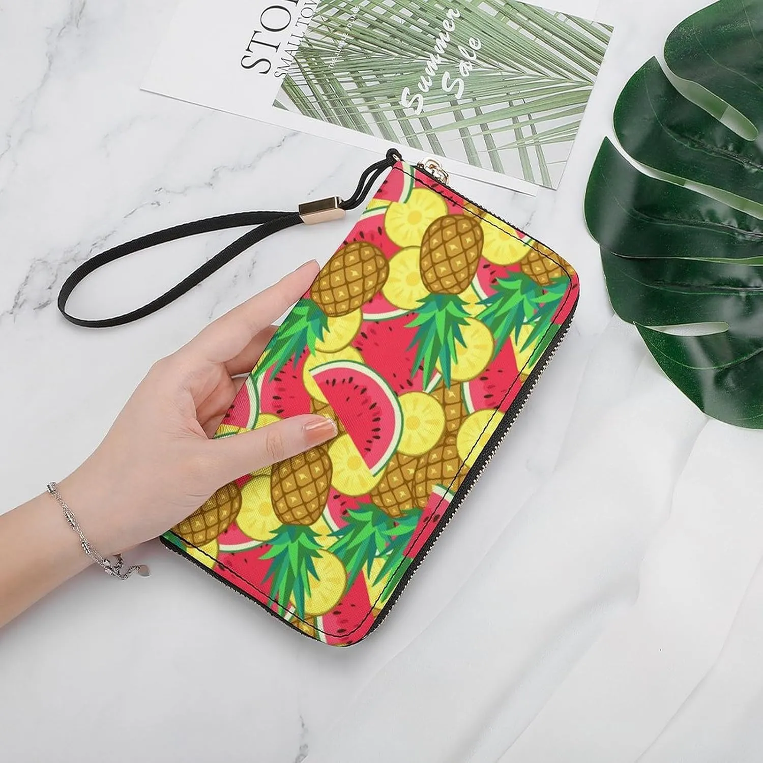 Watermelon And Pineapple Women's Leather Long Large Capacity Wallet Clutch Wallet with Hand Strap