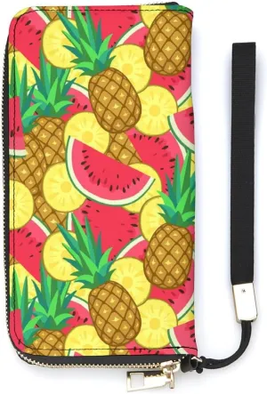 Watermelon And Pineapple Women's Leather Long Large Capacity Wallet Clutch Wallet with Hand Strap