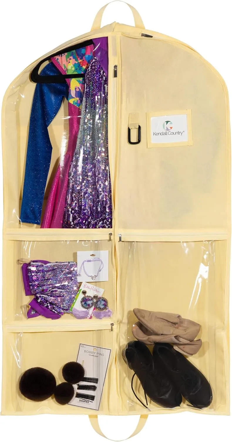 Waterproof Hanging Garment Bag 40 inch Clothes Bag with Gusset, 5 Pockets & Side Zip for Dance Costumes, Sports, Skating, Theatre, Beauty Pageants & More by Kendall Country, Sunshine Yellow