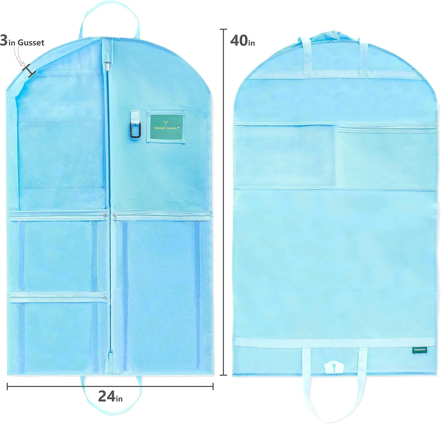 Waterproof Hanging Garment Bag 40 inch Clothes Bag with Gusset, 5 Pockets & Side Zip for Dance Costumes, Sports, Skating, Theatre, Beauty Pageants, Cheer & More by Kendall Country, Sky Blue